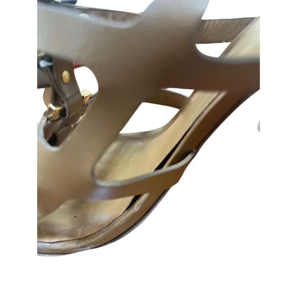 Tory Burch Francesca Camel Leather & Gold Strappy Ankle Stiletto High Heels 10